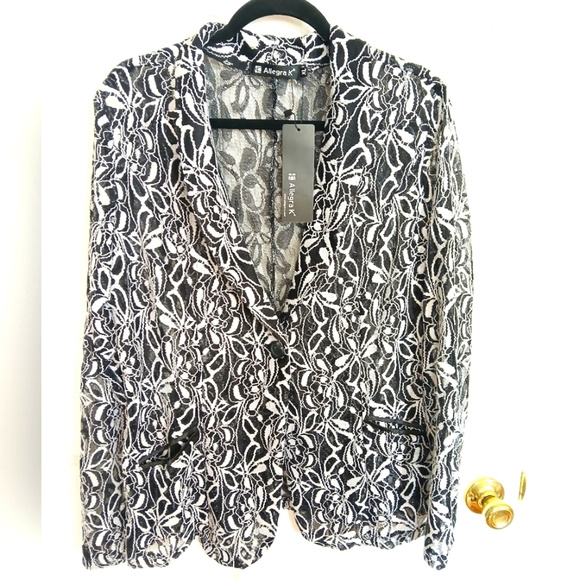 NWT Allegra K Black And White Floral  Lace Sheer Blazer Sexy Date Night Party - Picture 7 of 9